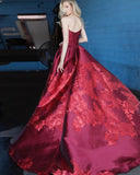 Unique A Line Strapless Burgundy Satin Prom Dresses with Appliques, Formal Dresses STI15454