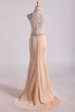 2024 High Neck Prom Dresses Sheath Lace & Spandex Sweep P6RRNRD5