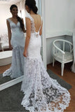 Elegant Mermaid Lace Applique V Neck Wedding Dresses Backless Wedding Gowns STI15180