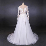 Long Sleeves White A-line Tulle Beach Wedding Dresses with Lace Appliques, Bridal Dress STI15255