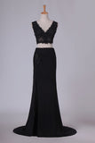 2024 See-Through Prom Dresses V Neck Spandex Two-Piece With Applique PNM1J1ZL