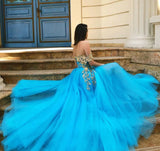 Elegant Off the Shoulder Blue Lace Prom Dresses with Gold Appliques Tulle Party Dresses STI15187