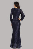 Long Split Sleeve Mermaid V Neck Dark Navy Blue Sequins Prom Dresses, Formal Dress STI15256