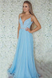 Spaghetti Straps Light Blue V-Neck Beading Long A-Line Prom Dresses PLPYS26L