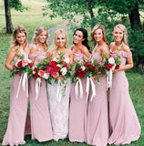 Dusty Pink Chiffon Sheath Off Shoulder Long Bridesmaid Dresses, Wedding Party Dresses STI15141