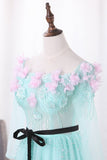 2024 New Arrival A Line Boat Neck Tulle Prom Dresses With Handmade Flowers P7HC1ECB