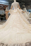 2024 Luxury Wedding Dresses High Neck A-Line Lace Half Sleeves Open Back PQB1S7T4