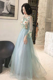 Elegant Long Sleeves Appliqued Tulle Prom Dresses, Floor Length Appliques Evening Dresses STI15175