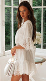 A Line Long Sleeve White Simple Lace Short Sexy Criss Cross Above Knee Homecoming Dress