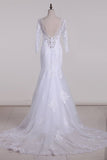 2024 V-Neck 3/4 Length Sleeve Wedding Dresses Mermaid Tulle With Beads And Applique PZNLFRB8