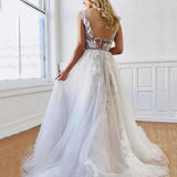 A Line Deep V-Neck Backless White Tulle Prom Dress With Appliques, Evening Dresses STI14997