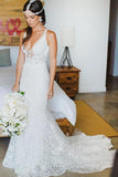 Romantic Deep V Neck Sleeveless Lace Wedding Dress Mermaid Wedding Dresses With STIP2NSHCG1