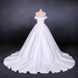 Ball Gown Off the Shoulder White Satin Wedding Dresses, Simple Cheap Wedding Gowns STI15065