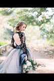 Long Sleeves Wedding Dresses Black Appliques Bridal P1APPZAP