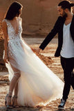 A-Line Deep V-Neck Sweep Train Tulle Ivory Wedding Dress with Appliques Split STI15049