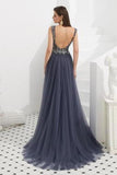 V Neck Sleeveless Tulle Long Prom Dress With PGZEDTQ4