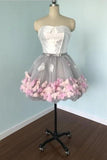 Cute Gray Strapless Tulle Homecoming Dresses with Flowers Short Sweet 16 Dresses STI14971