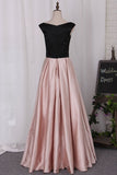 2024 New Prom Dress A Line Boat Neckline Floor-Length Satin With Beaded PLDG2A2C