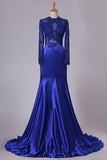 2024 Long Sleeve Evening Dresses Mermaid/Trumpet Elastic Satin With Applique Dark Royal P3HPAHHB