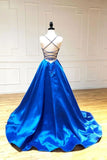 Simple A Line Satin Spaghetti Straps Royal Blue Long V Neck Prom STI15669