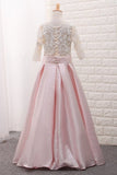 2024 Scoop Mid-Length Sleeve Satin A Line Flower Girl Dresses PQA2E8S8