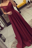 Satin Off the Shoulder A-line Sweep Train Sashes Sweetheart Burgundy Prom Dresses STI13450