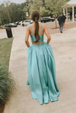 Simple A Line Two Pieces V Neck Satin Green Prom Dresses, Cheap Formal Dress STI15598