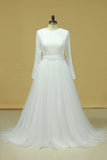 2024 Plus Size Long Sleeves Wedding Dresses Scoop A Line Tulle & Lace Sweep PYSHH12B