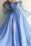 Newest Long Beading Lace Tulle A-Line Blue Prom Dresses PS1F6R74