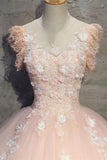 Tulle Long Prom Dress With Flowers Princess Ball Gown Sheer Neck PAE4THCL