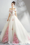 Unique Off The Shoulder Tulle Wedding Dress With Pink Flowers Ball Gown Wedding STIPQ4NB2CL