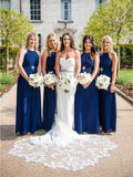 Charming Halter Neck Blue Pleated Long Bridesmaid Dresses, Wedding Party Dresses STI15099