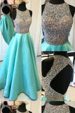 Long A-line Teal Beading Open Back Satin Modest Floor-Length Prom Dresses