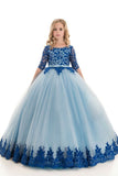 2024 Scoop Ball Gown Mid-Length Sleeves Tulle With Applique P8SDKQT9