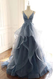 Spaghetti Straps Blue Gray Tulle V Neck Long Ruffles Prom Dresses with Lace Applique STI15411