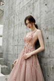 A Line V Neck Pink Beads Straps Prom Dresses Lace up, Long Dance STI20387