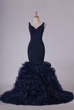 2024 New Arrival Prom Dresses Mermaid V Neck Sweep Train Spandex & PYQM7N84