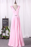 2024 A Line New Arrival Off The Shoulder Satin Evening Dresses With Slit PSLQLCAD