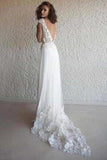 A-Line V-Neck Cap Sleeves Tulle Beach Wedding Dresses PHY32ZCJ