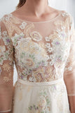 A Line Floor Length Floral Prom Dresses 3/4 Sleeves A-Line Empire Waist Long PLHKMBHK