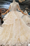 2024 Luxury Wedding Dresses High Neck A-Line Lace Half Sleeves Open Back PQB1S7T4