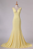 2024 Mermaid V Neck Open Back Prom Dresses Court Train P5147Y1A