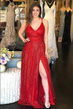 Sparkly V Neck A Line Red Spaghetti Straps Prom Dresses with Slit, Evening STI15675