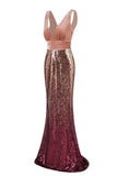 Sexy Sequins Mermaid V Neck Burgundy Velvet Long Prom Dresses Backless Evening Dress STI15352