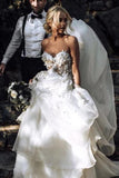 Charming Ball Gown Sweetheart Strapless 3D Flowers Tulle Off White Wedding Dresses STI15095