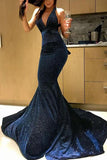 Sexy Mermaid Deep V Neck Velvet Dark Navy Long Prom Dresses, Sparkly Evening Dresses STI15529