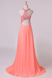 2024 Halter Prom Dresses A Line Chiffon & Tulle Sweep Train With PJ987TAJ