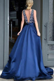 Formal Deep V-Neck Open Back Long Beading Satin Evening Dresses PMEQD7R7