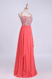 Hot Selling Prom Dresses Halter A-Line Floor Length Chiffon Color Watermelon PQKQB26D