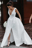 Stunning V-Neck Satin Straps Ivory Wedding Dresses A-line Bridal Gowns with Pockets V Back STI14983